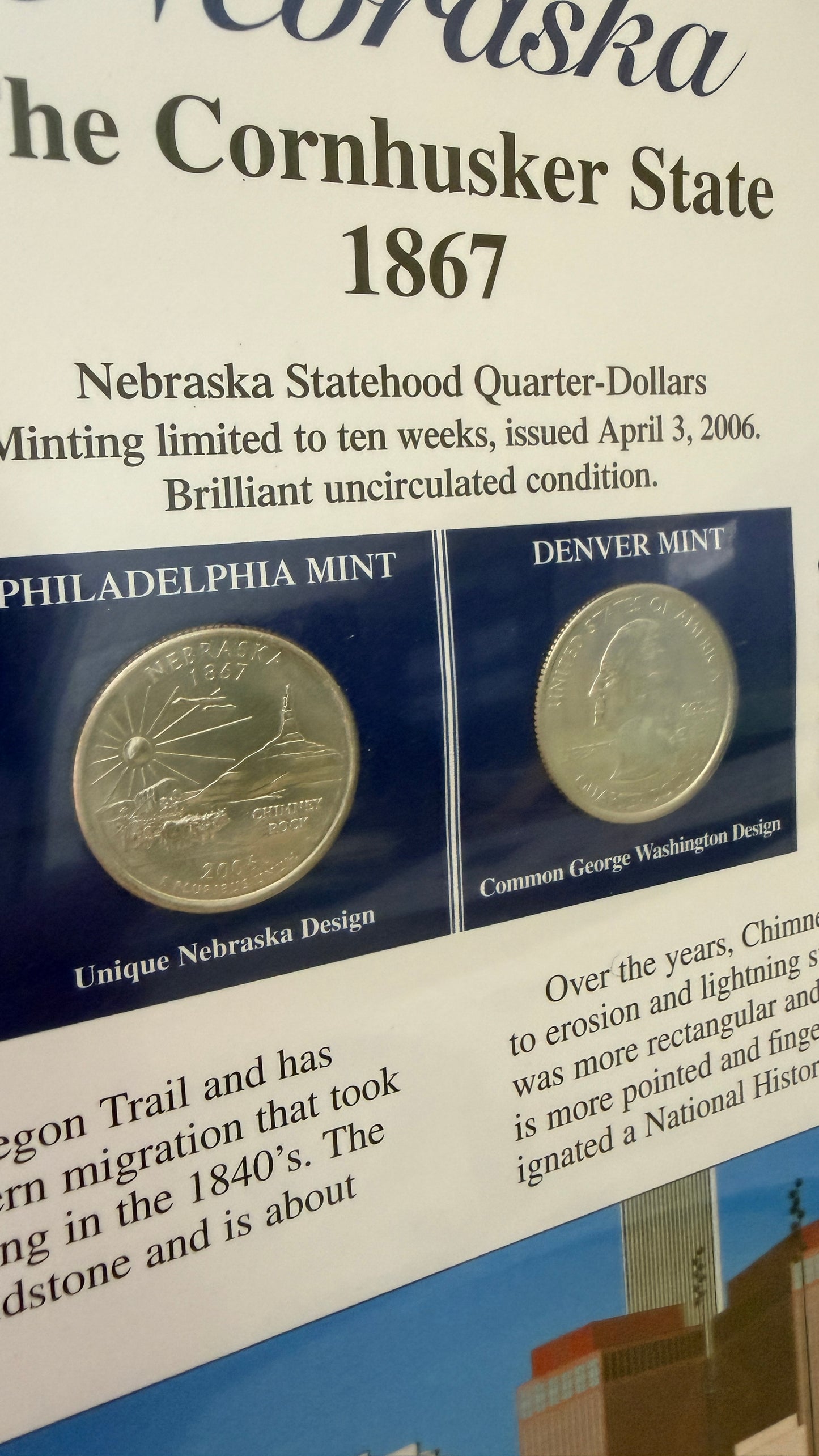 Nebraska Statehood P&D Quarter-Dollars (BU) and State Stamps Plaque
