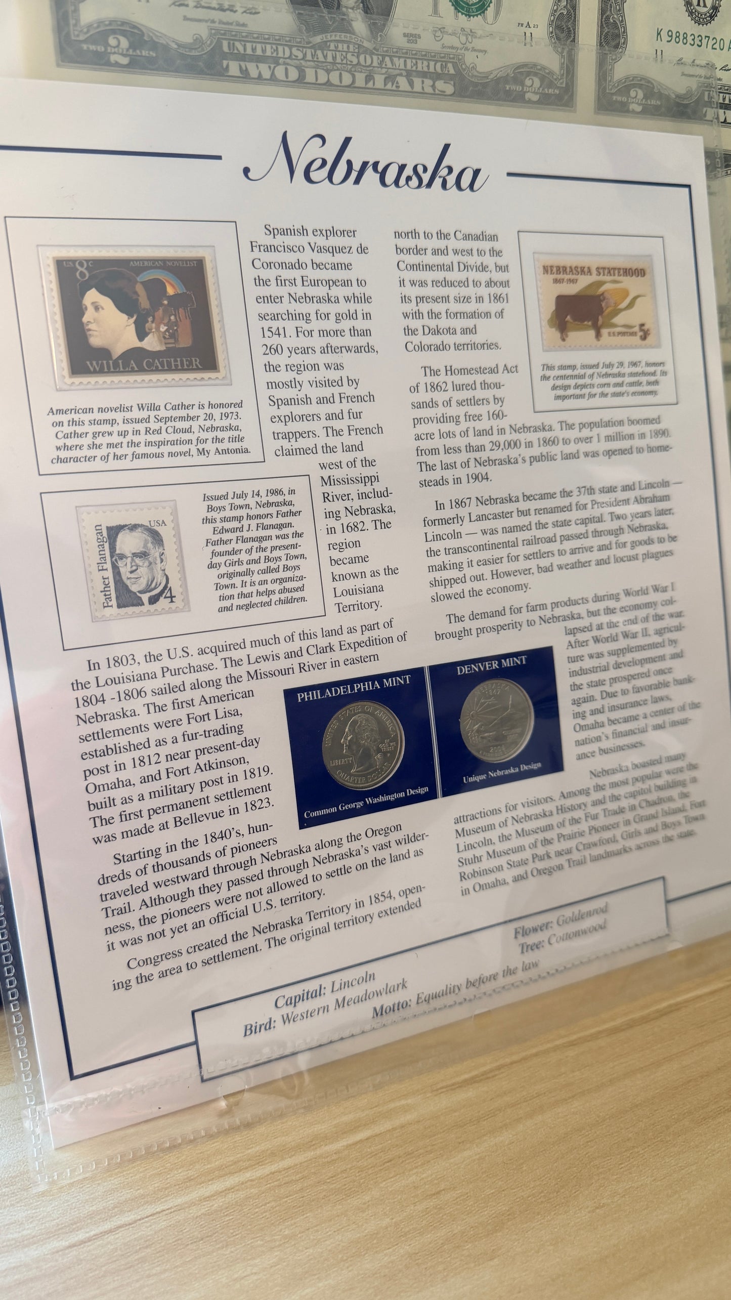 Nebraska Statehood P&D Quarter-Dollars (BU) and State Stamps Plaque
