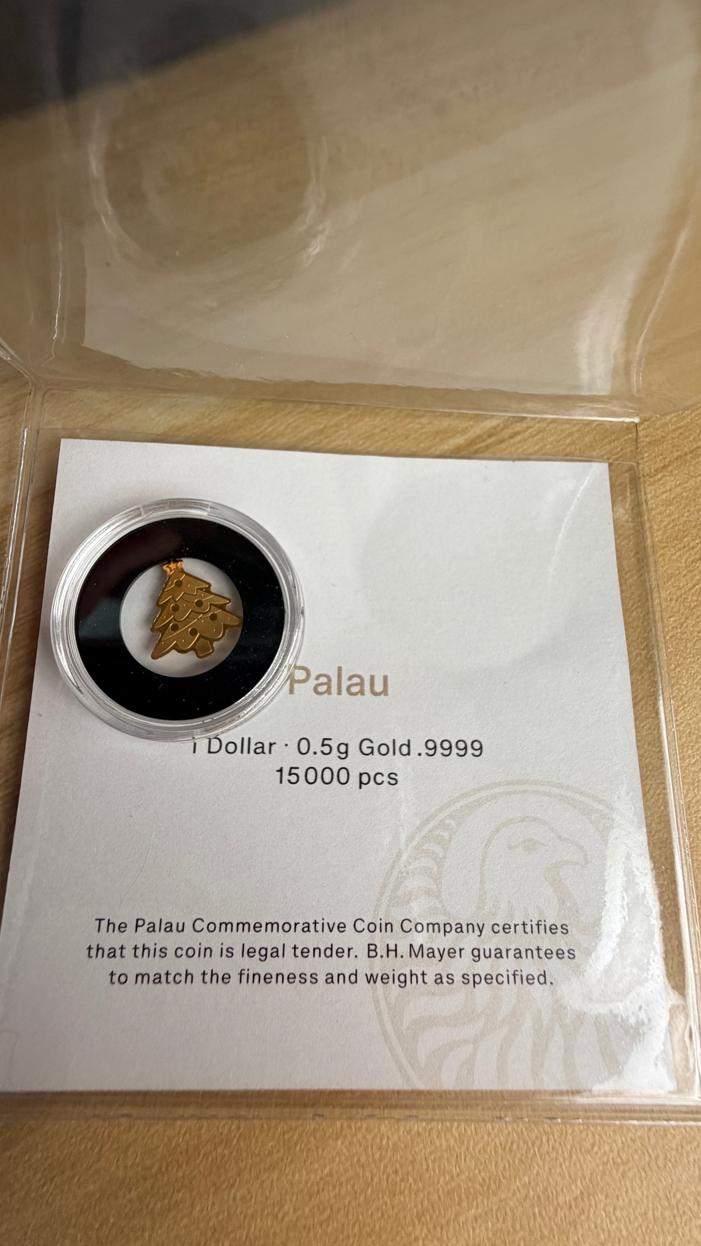 Palau Golden Highlights Christmas Tree .5g 9999 Fine Gold Aassay Card