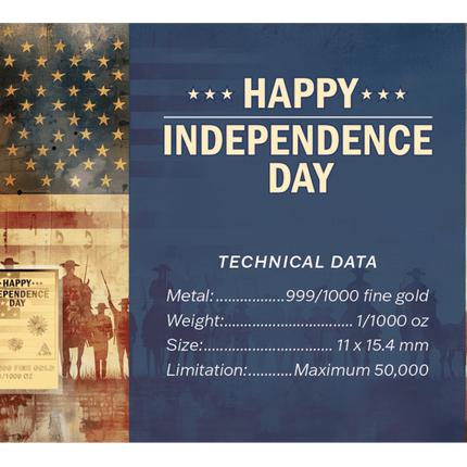 USA Happy Independence Day 1/1000 oz Pure Gold Bar in Card