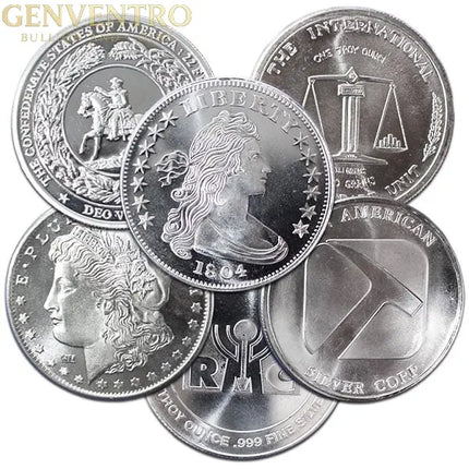 1 oz Silver Round – .999 Fine Silver Bullion – New BU Round Design Varies Genventro Bullion and Coins