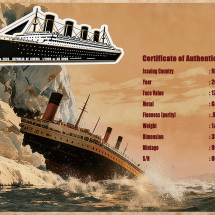 2026 liberia rms titanic shaped 1/1000 oz gold coin in card (02/23)