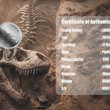 2026 Liberia T-Rex 1/1000 oz Platinum Coin in Card (03/10)