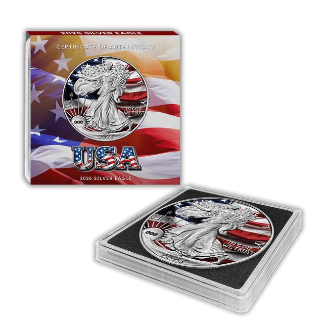 2026 u.s. silver eagle usa flag edition 1 oz silver coin mintage 499
