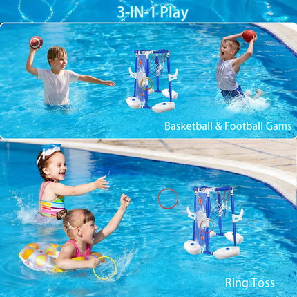 Pool Basketball Hoop, 3-in-1 Floating Basketball Hoop & Football Ring Games