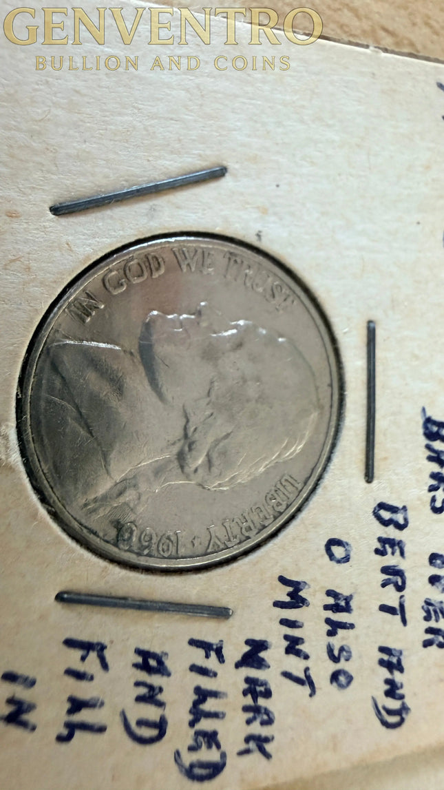 1960-D Jefferson Nickel Bars over Bert - Filled Mint Mark - Error Coin Genventro