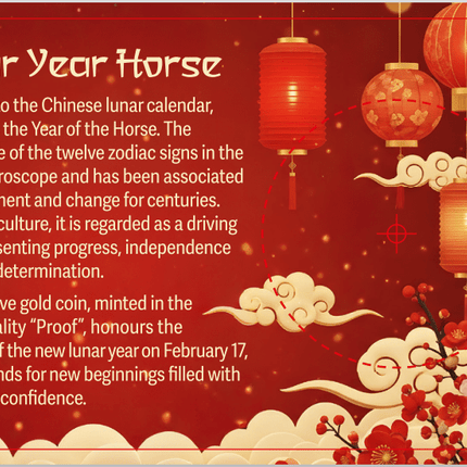 2026 Gabon Year of the Horse 1/200 oz Fine Gold Proof Coin in Assay Gift Card