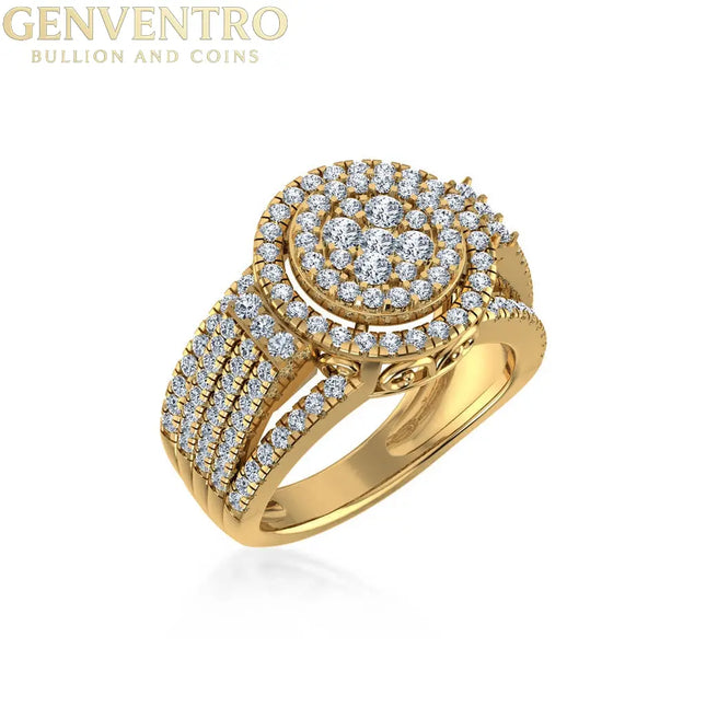 10K Yellow Gold Round Diamond Halo Big Bridal Cluster Ring 1-5/8 Cttw Diamond World