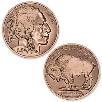 intaglio mint 1913 d buffalo nickel tribute 1 oz copper round (roll of 20)(05/26) active offers, copper bullion, art bars/rounds