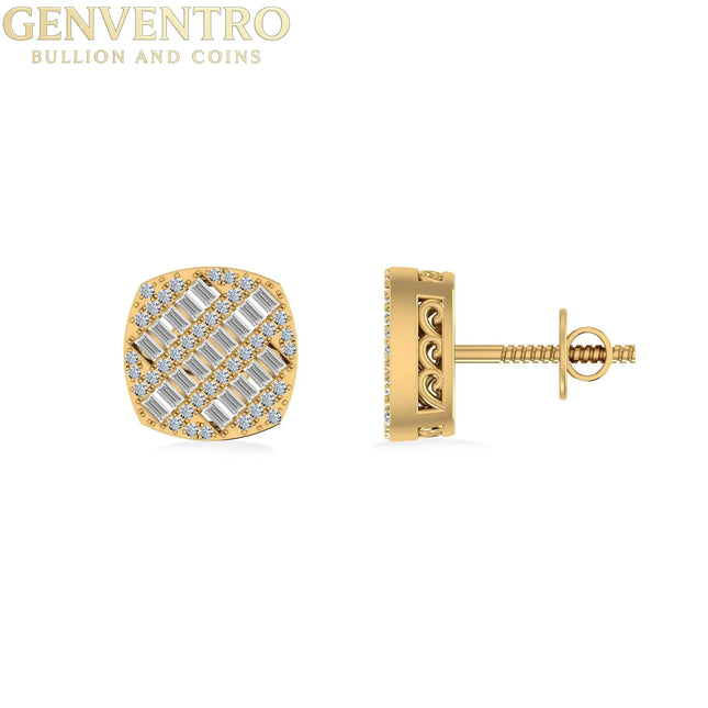 10K Yellow Gold Round Baguette Diamond Square Shape Designer Mens Stud Earring 1/3 Cttw Diamond World