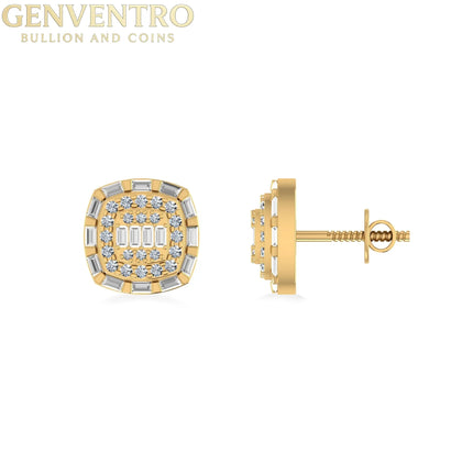 10K Yellow Gold Round Baguette Diamond Square Designer Earring 3/4 Cttw Diamond World
