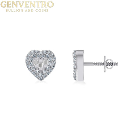 10K White Gold Round Baguette Diamond Heart Designer Earring 1/4 Cttw Diamond World