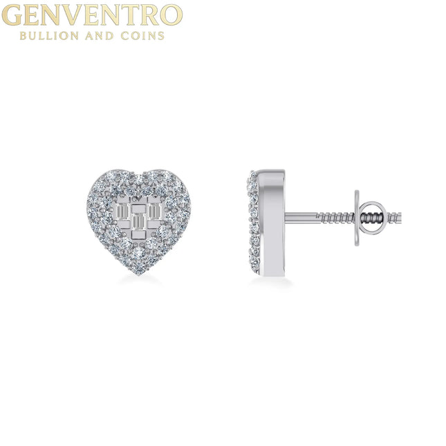 10K White Gold Round Baguette Diamond Heart Designer Earring 1/4 Cttw Diamond World