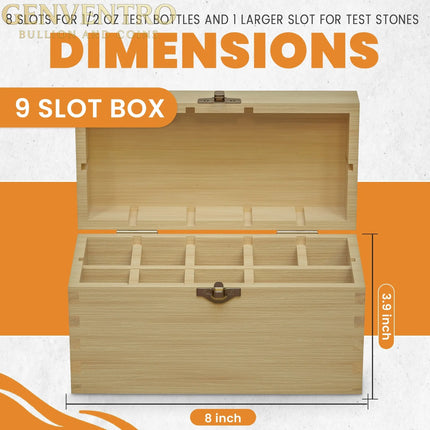 9 Slotted Large Wooden Bamboo Handcrafted Storage Box for Gold Silver Platinum Acid Jewelry Test Kit and Supplies GOLD TESTING EQUIPMENT