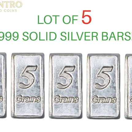 Set of 5 Pure Solid Silver Bars – .999 Fine, 5 Grain Each, Over 1 Gram Total GOLD TESTING EQUIPMENT