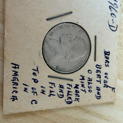 1960-D Jefferson Nickel Bars over Bert - Filled Mint Mark - Error Coin Genventro