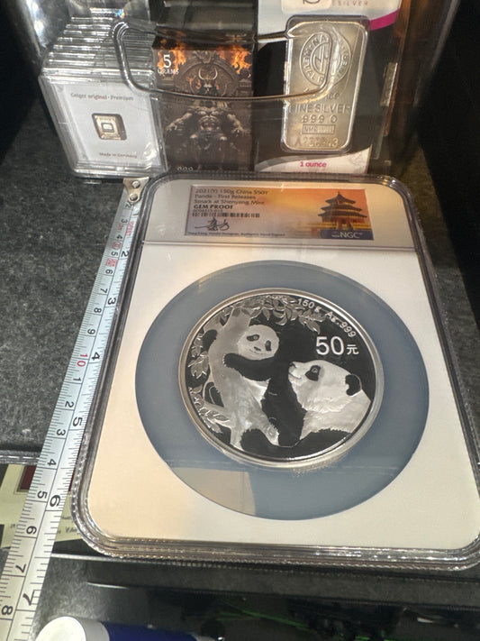 2021 150 gram (5.29109 oz) Silver Proof Panda First Release NGC Gem Proof