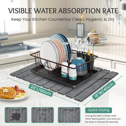 Stone Dish Drying Mat Collapsible Diatomaceous Earth Absorbent Mat Quick Dish Drying Pad Multiple Usage for Kitchen,Bathroom 24"L x 16"W
