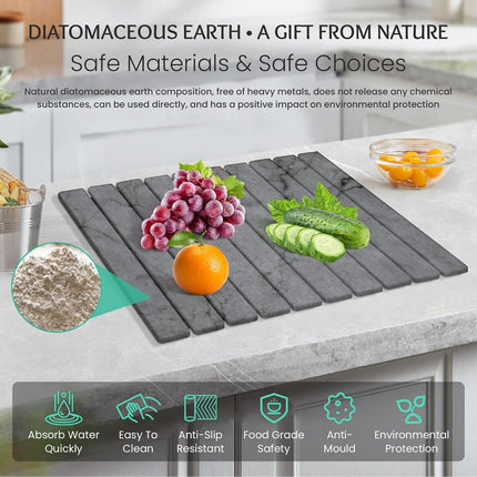 Stone Dish Drying Mat Collapsible Diatomaceous Earth Absorbent Mat Quick Dish Drying Pad Multiple Usage for Kitchen,Bathroom 24"L x 16"W