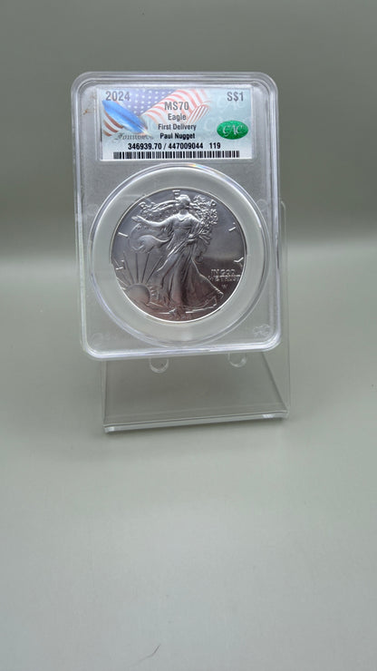 American Silver Eagle 2024 $1 CAC MS70 First Delivery, Paul Nugget