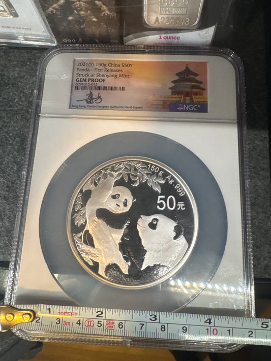 2021 150 gram (5.29109 oz) Silver Proof Panda First Release NGC Gem Proof