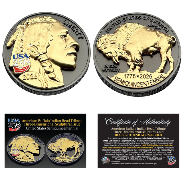 3D American Buffalo Indian Head Tribute Coin With USA 250 Privy Mark (Black Ruthenium & 24k Gold)