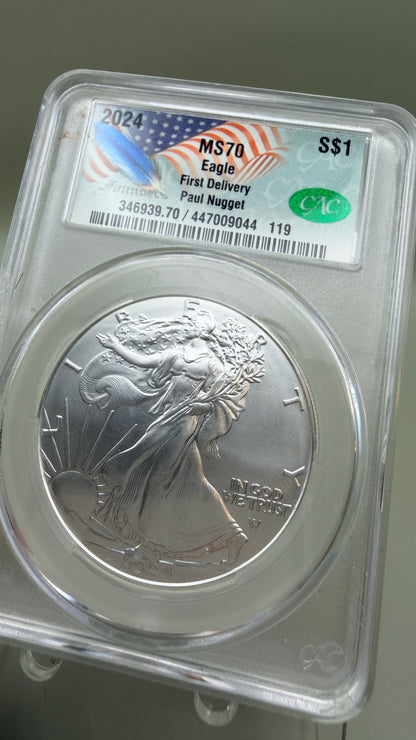 American Silver Eagle 2024 $1 CAC MS70 First Delivery, Paul Nugget