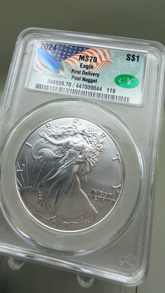 American Silver Eagle 2024 $1 CAC MS70 First Delivery, Paul Nugget