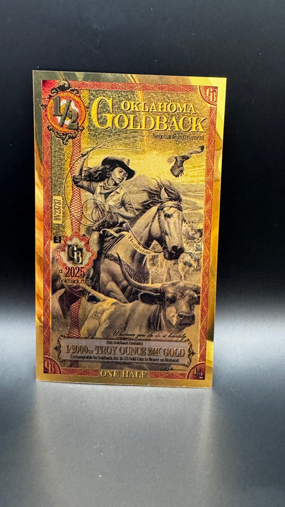 Oklahoma 1/2 pure.999 GOLD - Goldback note (2025 1/2000)