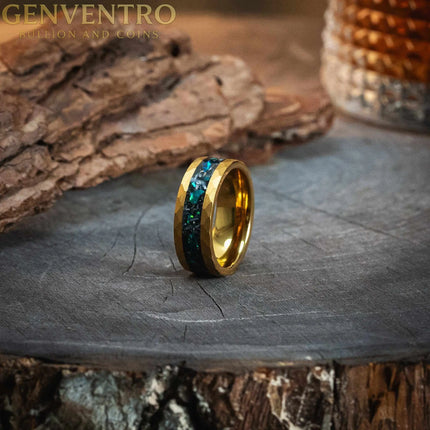 Hammered Gold Green Opal x Meteorite Tungsten Ring - 8mm MORF