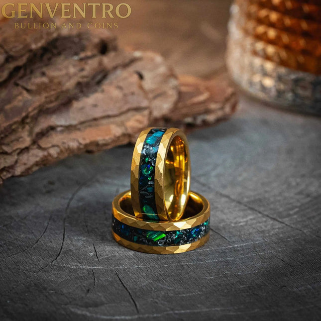 Hammered Gold Green Opal x Meteorite Tungsten Ring - 8mm MORF