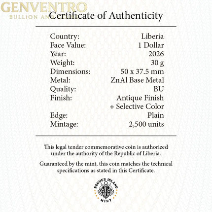 2026 Liberia Dead Beat 30g ZnAI Coin New in Capsule w/COA Genventro Bullion and Coins