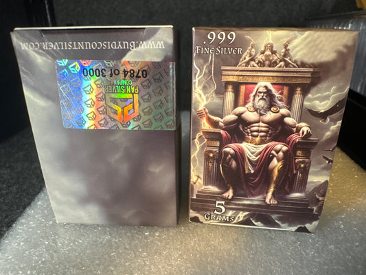 .999 Fine Silver, Pan Silver Company 5 Gram Bar Limited Zeus