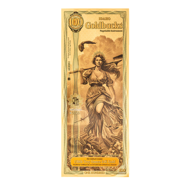 2026 Idaho 100 Goldback 1/10th Troy oz Gold-Backed Currency Note