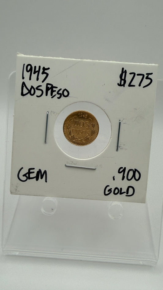 1945 Mexico Gold 2 Pesos Pure .9999 Gold BU Coin