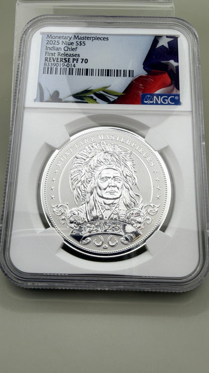 2025 Silver Niue $5 Indian Chief First Releases REV PF70 Monetary Masterpieces