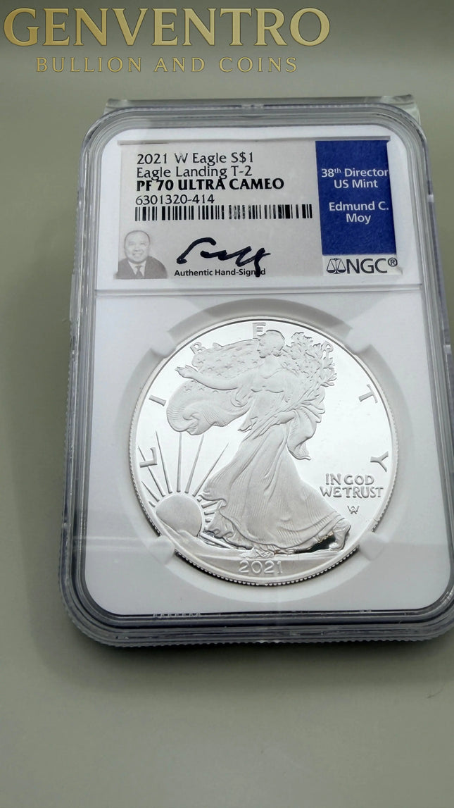 2021-W Eagle S$1 Eagle Landing T-2 PF70 Ultra Cameo C Moy Signature Genventro
