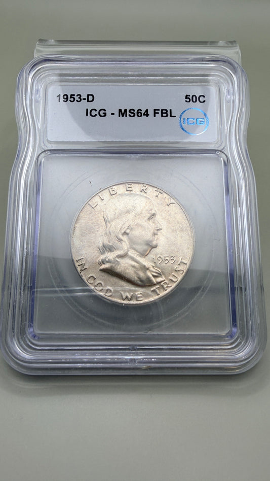 1953-D 50C FRANKLIN  SILVER HALF DOLLAR MS64 FBL