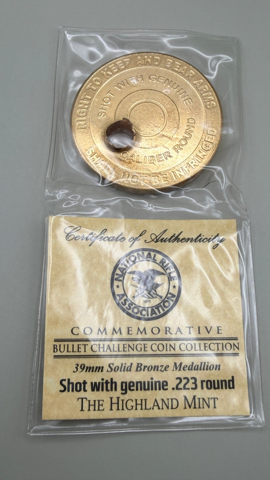 NRA Bullet Challenge 39mm Solid Bronze Medallion Shot with Genuine .223 Round
