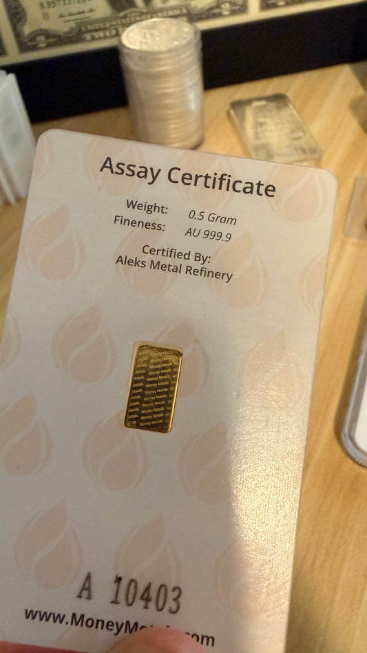 0.5 Gram AU Pure 999.9 Gold Bar Money Metals Mint (in Assay Cert)