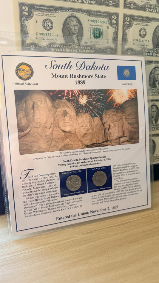 South Dakota Statehood P&D Quarter-Dollars (BU) and State Stamps Plaque