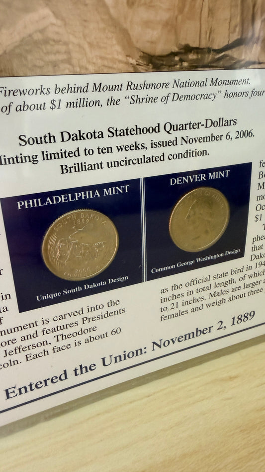 South Dakota Statehood P&D Quarter-Dollars (BU) and State Stamps Plaque