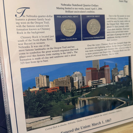 Nebraska Statehood P&D Quarter-Dollars (BU) and State Stamps Plaque Genventro