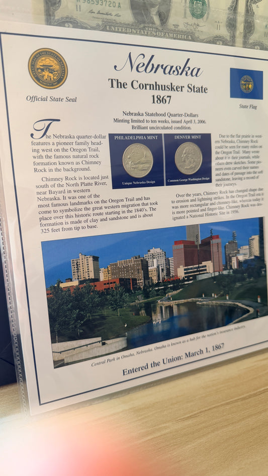 Nebraska Statehood P&D Quarter-Dollars (BU) and State Stamps Plaque