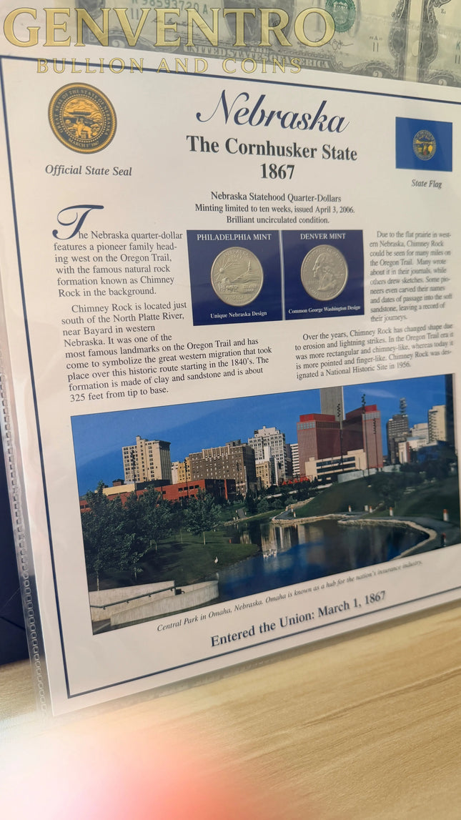 Nebraska Statehood P&D Quarter-Dollars (BU) and State Stamps Plaque Genventro