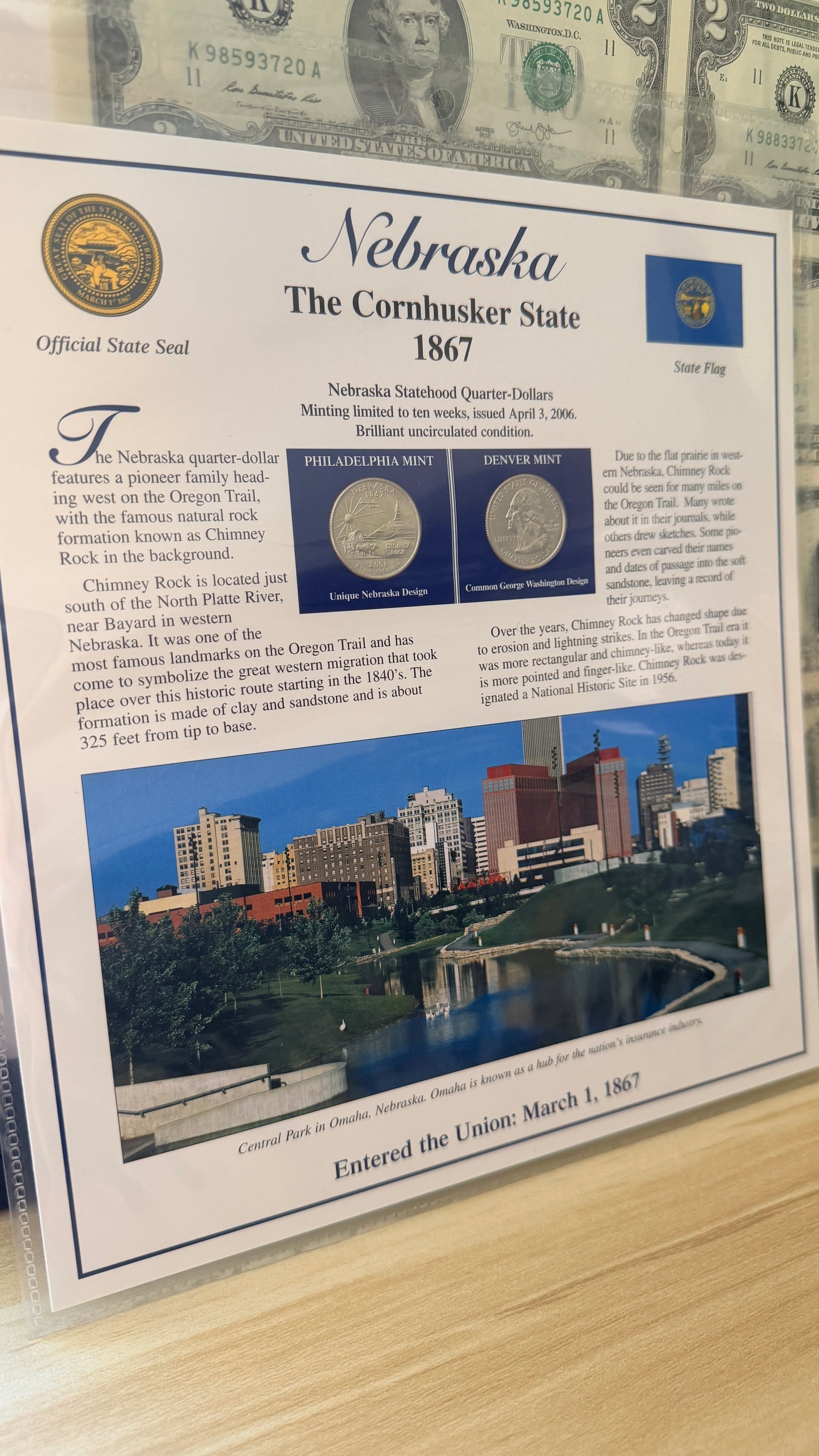 Nebraska Statehood P&D Quarter-Dollars (BU) and State Stamps Plaque