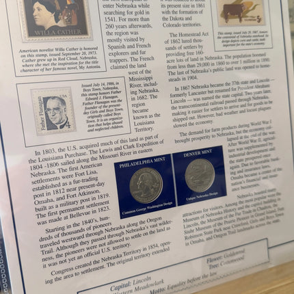 Nebraska Statehood P&D Quarter-Dollars (BU) and State Stamps Plaque Genventro