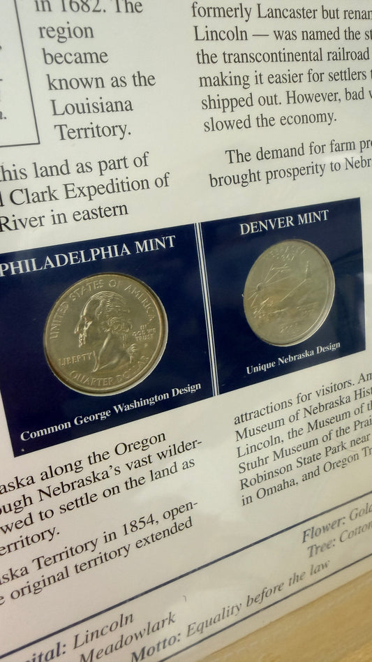 Nebraska Statehood P&D Quarter-Dollars (BU) and State Stamps Plaque