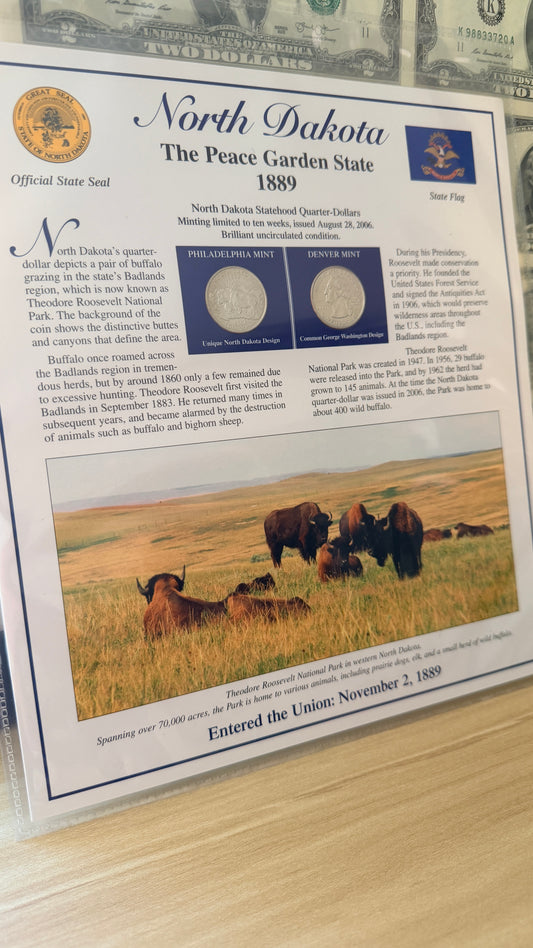 North Dakota Statehood P&D Quarter-Dollars (BU) and State Stamps Plaque