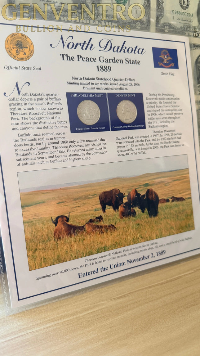 North Dakota Statehood P&D Quarter-Dollars (BU) and State Stamps Plaque Genventro
